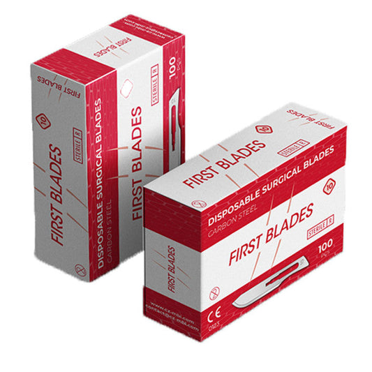 Two boxes of First Blades Disposable Surgical Blades, 100 count each, in red and white packaging on a white background.