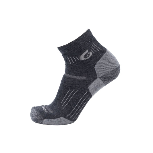 Gray ankle sock with a brand logo on a white background