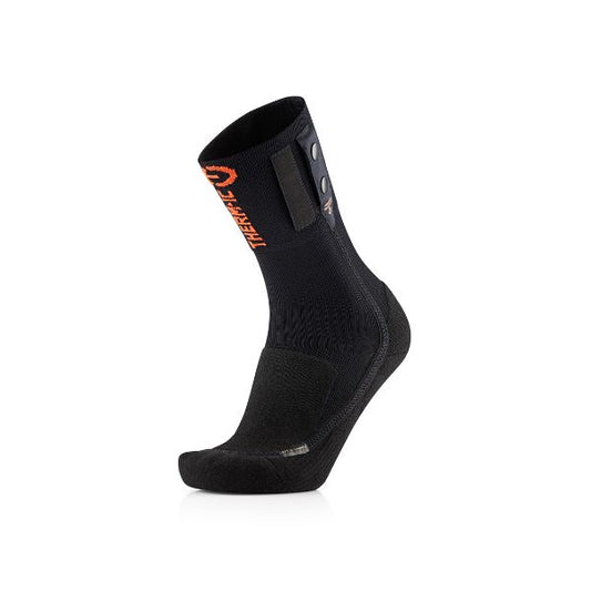 Black sock with orange branding on a white background