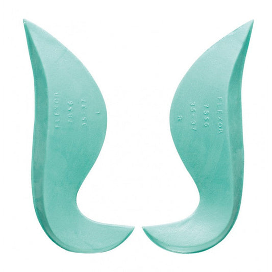 Pair of teal shoe inserts on a white background