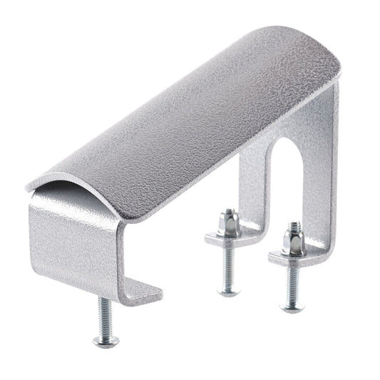 Metal bracket with textured surface and screws on a white background